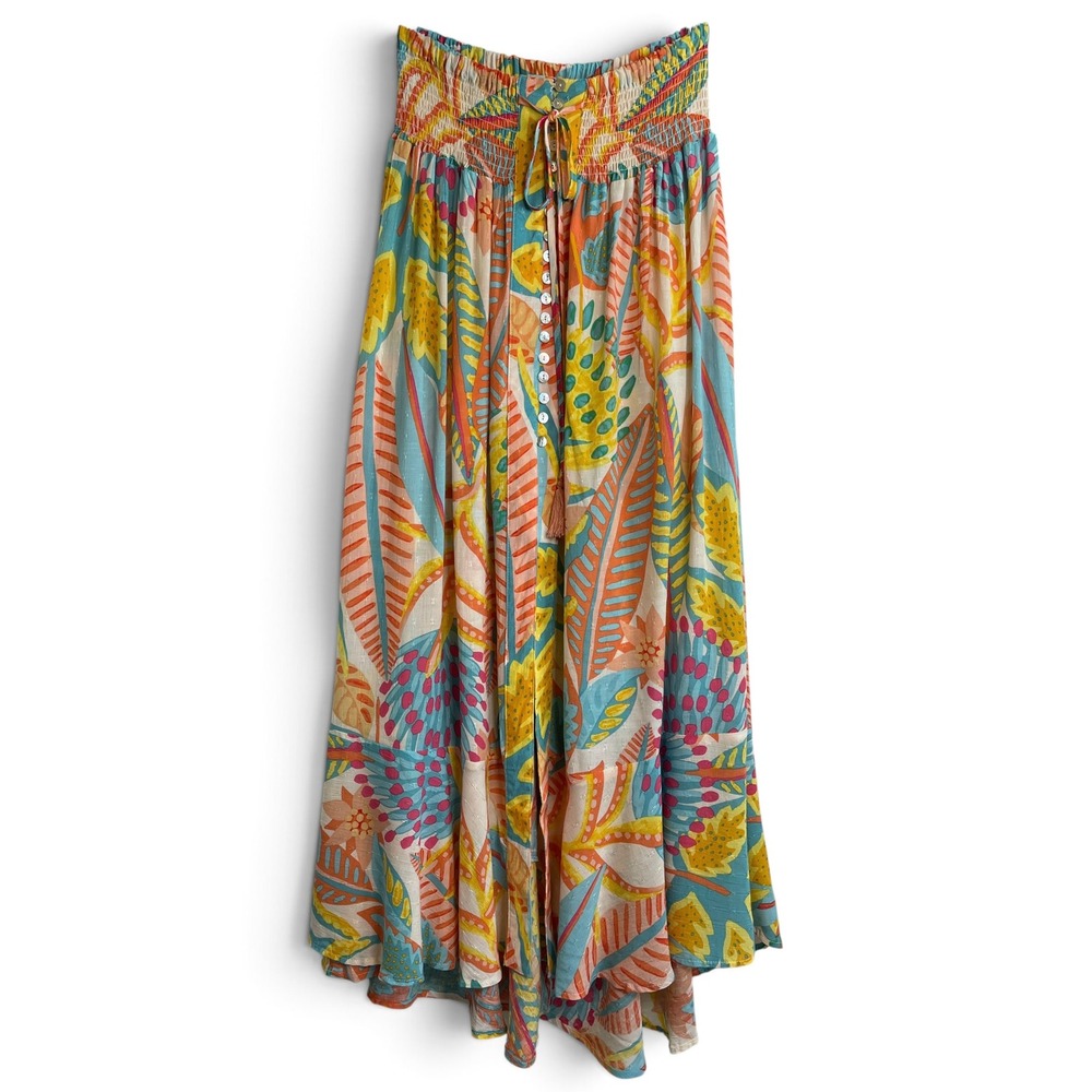 Christian Siriano Tropical Floral Smocked Button Front High Low Maxi Skirt M - Picture 2 of 16